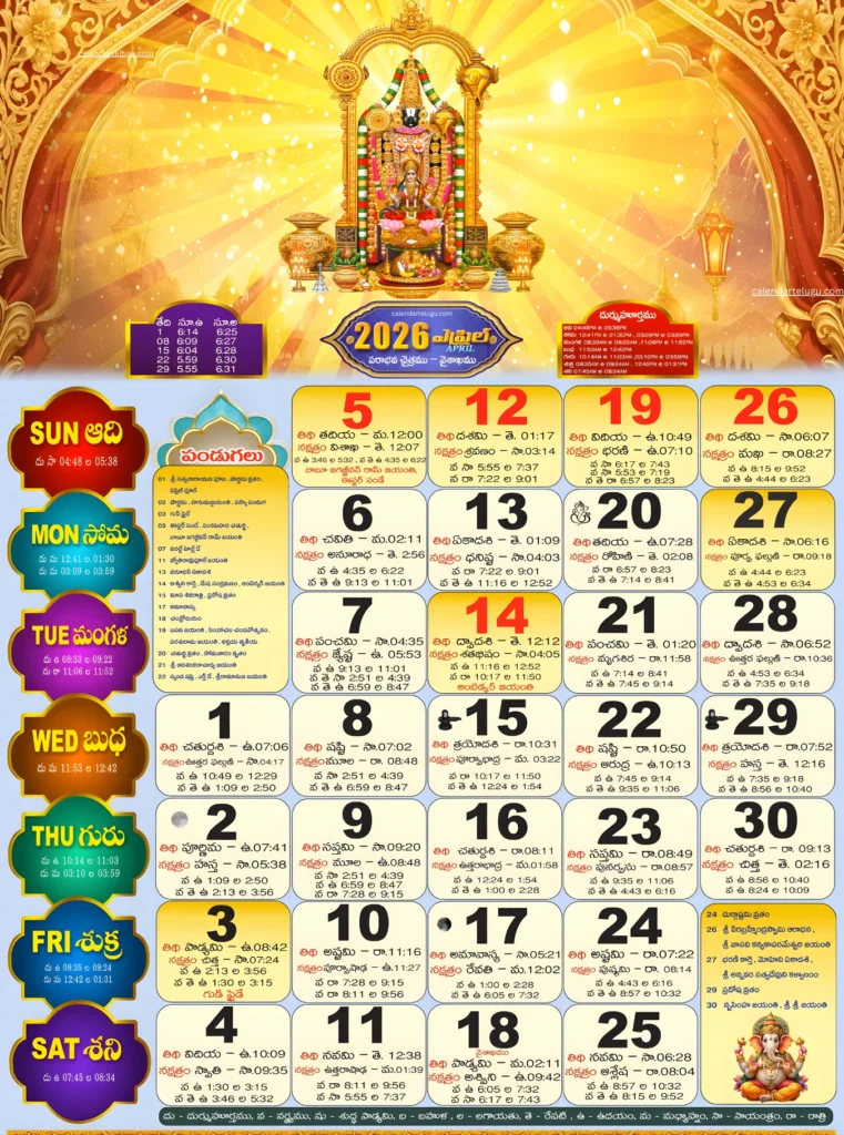 Telugu Calendar 2026 April