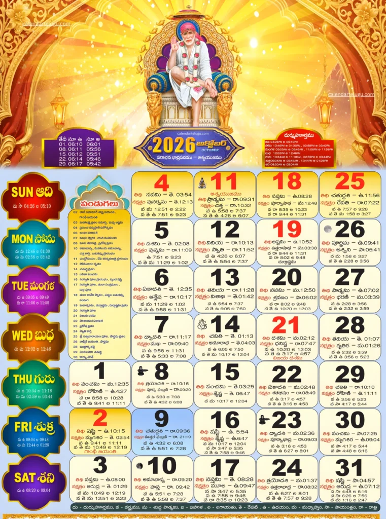 Telugu Calendar 2026 October